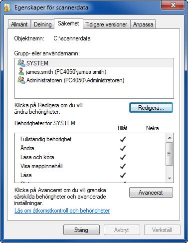 För att förbättra säkerheten rekommenderas det att du markerar kryssrutan för behörigheten Alla och avmarkerar Läsa.