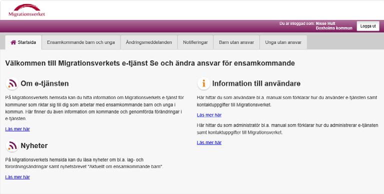 4.4 Startsida Vyn Startsida innehåller länkar till information relevant för användare av e-tjänsten.