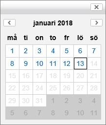 figur 35: Som alternativ till att skriva in ett datum kan datumväljaren användas genom att klicka på ikonen föreställande en kalender i figur 34. Datumväljaren visar endast tillåtna datum.