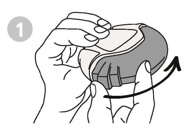 Så här använder du inhalatorn 1. För att öppna Salmex inhalatorn, håll den som på bilden. För tumgreppet i pilens riktning så långt det går - ett klick hörs.