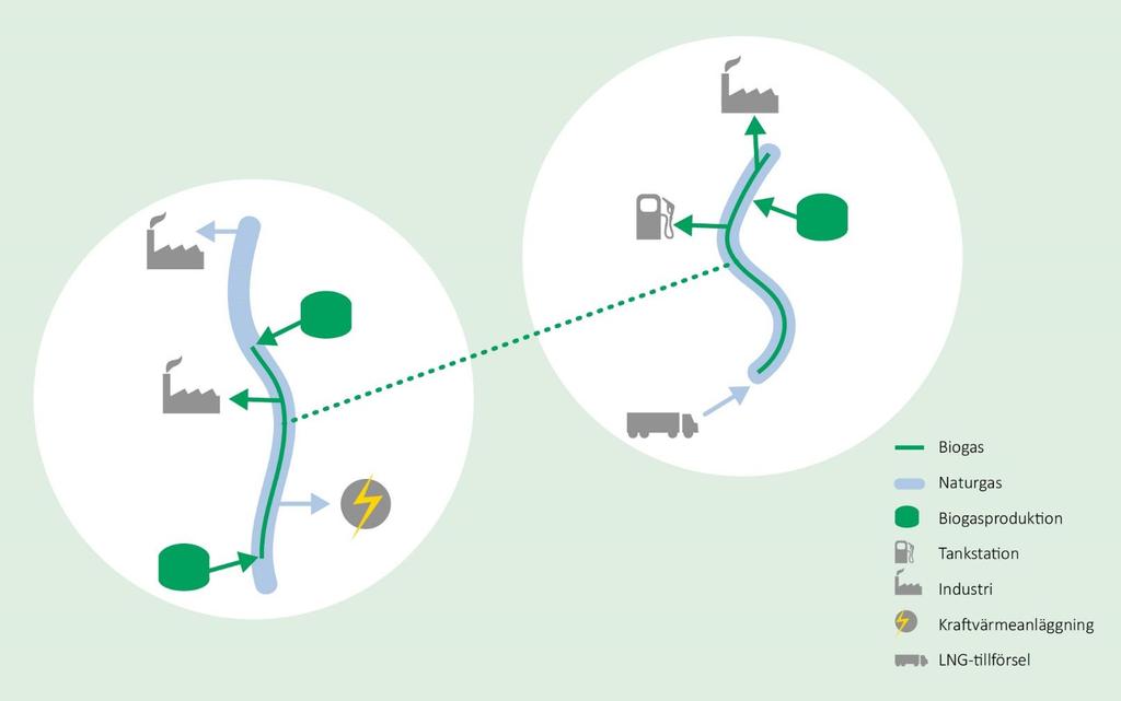Grön gas-principen i Sverige Biogas som samdistribueras med naturgas i gasnät: - Biogasandel följer avtal (ej fysisk molekyl) i skattelagstiftningen (LSE)