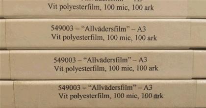 Allväderspapper (allvädersfilm) Vit matt polyesterfilm 100 mic för kopiering/laser (färg och sv/vit).