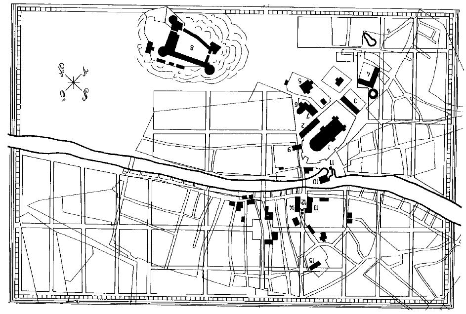 Karta 1. Uppsalas regleringsplan från 1643, (siffra 1 är Uppsalas domkyrka). Källa: Uppsala då, nu och i framtiden (2004). Redaktör Anna Nilsén. Utgivare: Föreningen Vårda Uppsala. sid.