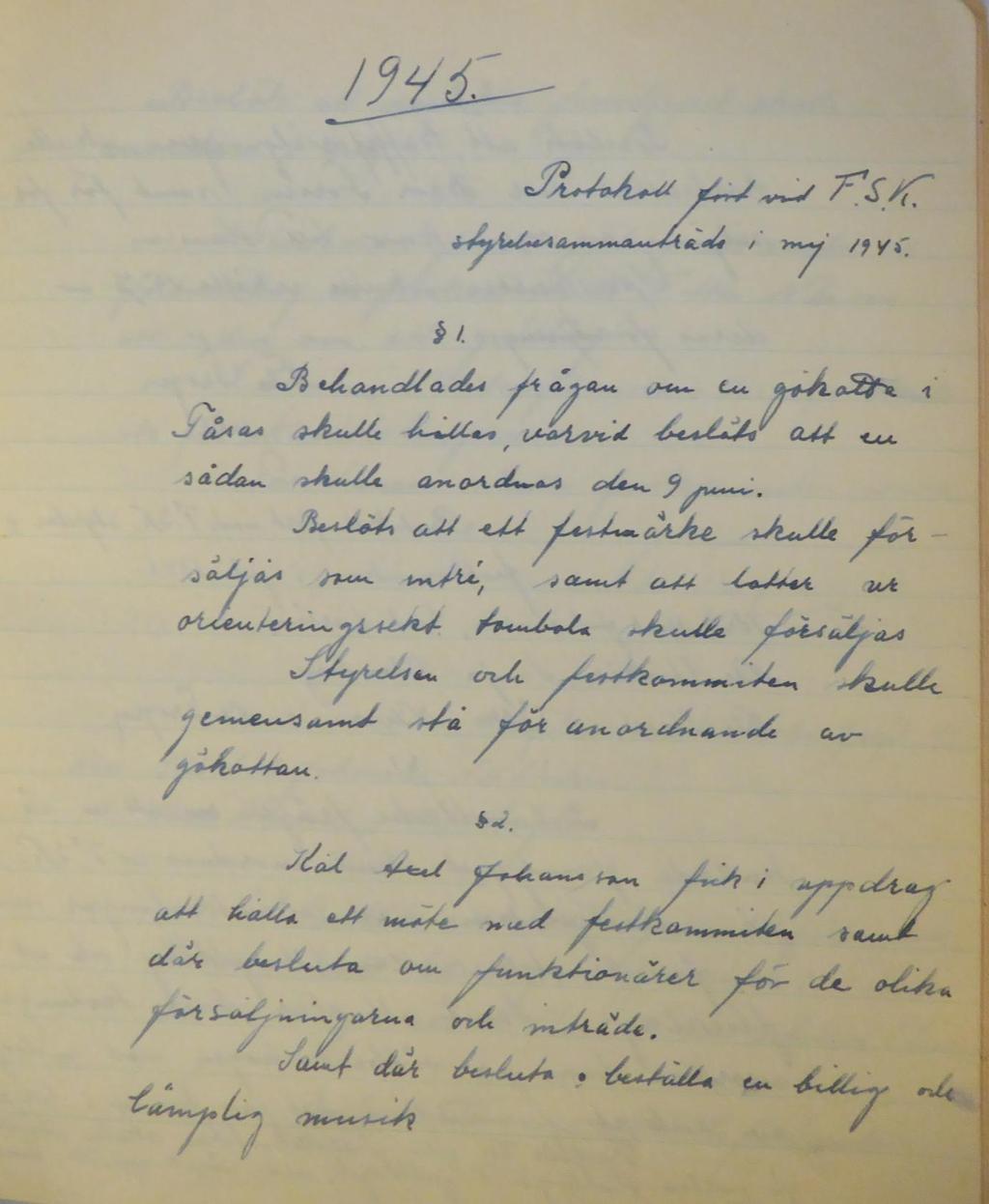 Protokoll fört vid F.S.K. styrelsesammanträde i maj 1945. 1. Behandlades frågan om en gökotta i Fåsås skulle hållas, varvid beslöts att en sådan skulle anordnas den 9 juni.