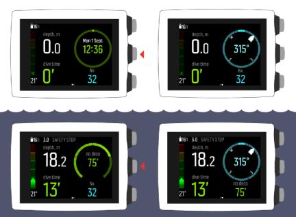 2. Komma igång 2.1. Displayens tillstånd och vyer Suunto EON Core har två huvudvyer i yt- och dyktillstånd: tid/ingen deco och kompass Ändra huvudvyn genom att trycka på mittknappen.