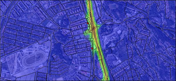 Figur 8. De röda cirklarna markerar bostäder där de beräknade kvävedioxidhalterna är över 20 µg/m 3 i centrala Mölndal. Cirklarna ligger nära E6 strax norr respektive söder om Mölndals bro.