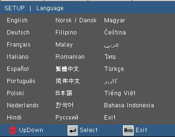 Användarkontroller SETUP (Inställning) Language (Språk) Välj den fl erspråkiga skärmmenyn. Tryck på eller för att öppna menyn "Language (Språk)" och använd sedan eller för att välja önskat språk.