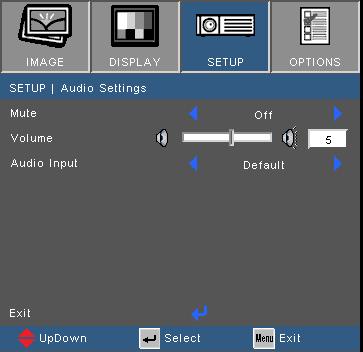 Användarkontroller SETUP (Inställning) Audio Settings (Ljudinställningar) Mute (Tyst) Välj "On (På)" för att stänga av ljudet. Välj "Off (Av)" för att slå på ljudet igen.