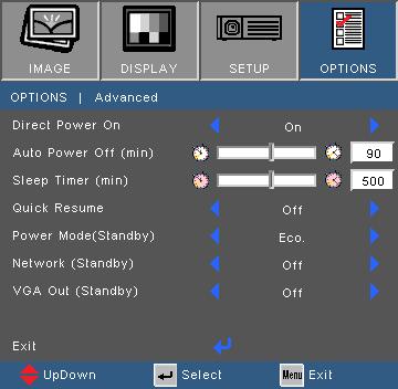 Användarkontroller OPTIONS (ALTERNATIV) Advanced (Avancerat) Direct Power On (Direktpåslag) On (På): Projektorn slås automatiskt på när nätström ansluts.