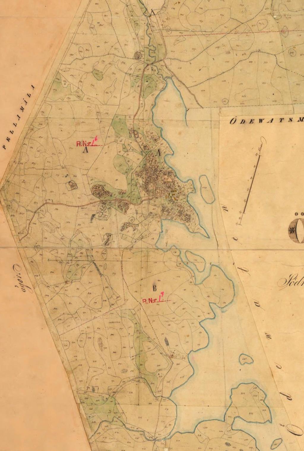 gamla vägen dubbel stensträng kanaler Kvarnasjön Utsnitt ur karta från 1843. Kan jämföras med kartan nedan från ca 1940, dvs 100 år senare.