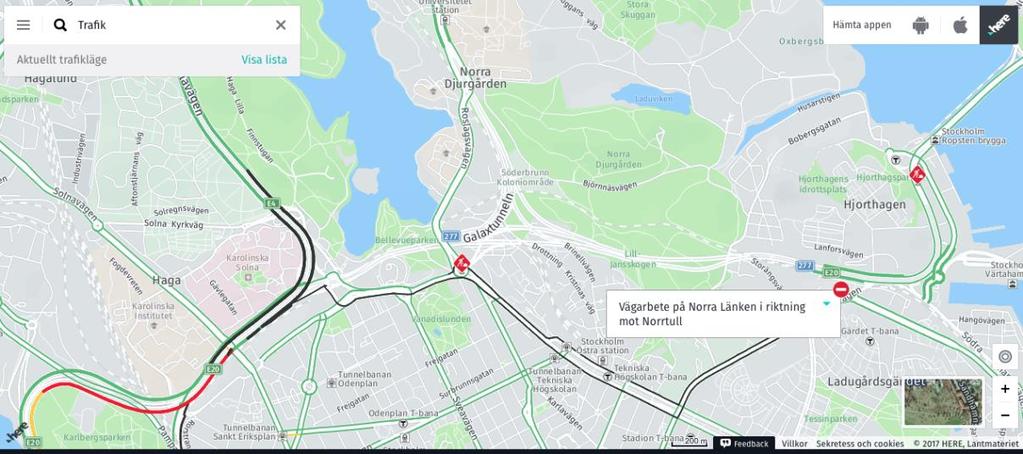 Figur 6 - Karta "Google Maps " under avstängning Norra Länken 2017-12-11 22:26 Karttjänsten Here har markerat början på avstängningarna och den avstängda