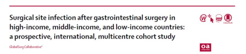 Gastorointestinal kirurgi Totalt 12,3 % av pat hade en postoperativ infektion 30 dagar efter kirurgi 12 539 pat 343 sjukhus 66 länder High HDI: medel 9,4 % (17,8% oren kirurgi) Middle HDI: medel 14 %