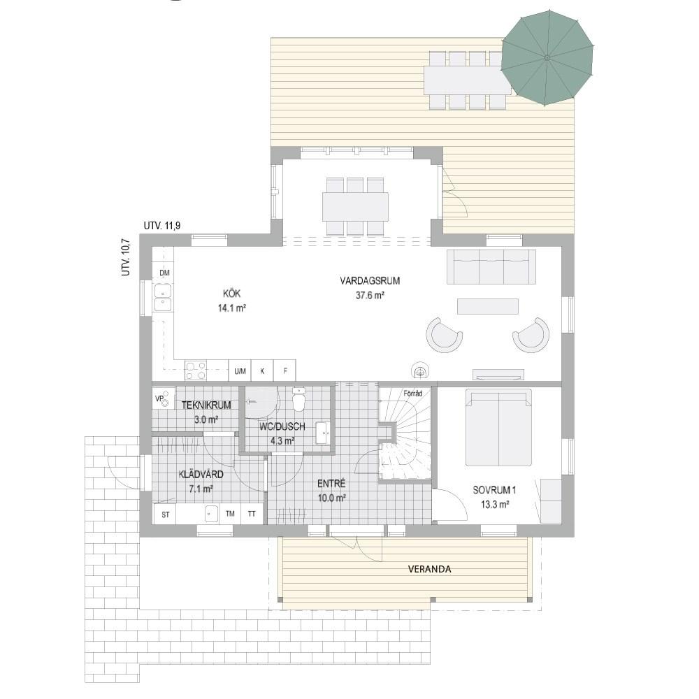 Planlösningar & fasader I villa Vaxholm ingår följande höga standard från start: Inbjudande stor möblerbar entréveranda Välkomnande vacker pardörr i entré