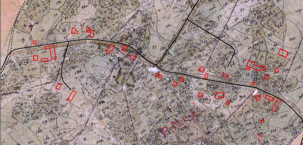 Skifteskartan från 1845, med dagens byggnader (röda) ovanpå, samt dagens vägar
