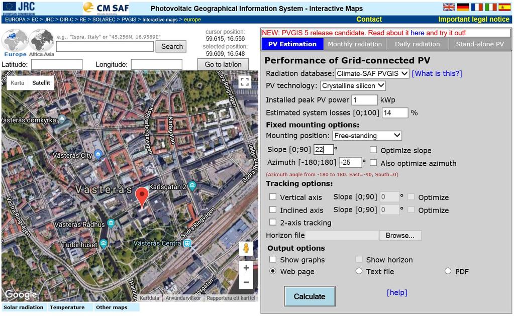 Figur 9 PVGIS 4, simulering Stadshuset, European Commission (2018a).