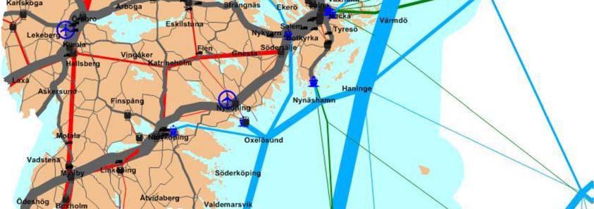 Transittrafiken går huvudsakligen genom de västra delarna av Stockholm Mälarregionen medan import och export av varor huvudsakligen