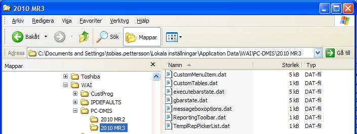Mätspetsfiler hamnar i en mappstruktur under delade dokument. Denna mapp blir även standardmapp för subrutiner, sparade uppriktningar och mätprogram.