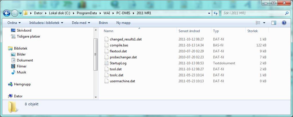 mappstrukturen under katalogen ProgramData. Exempel C:\ProgramData\WAI\PC- DMIS\2010 MR2. En ev. skapad USRPROBE.
