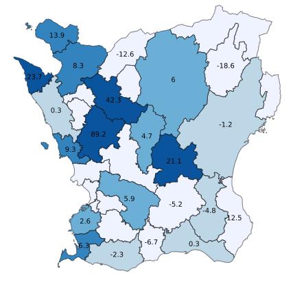 Även hotell (+4,7 %), stugby (+6,6 %), vandrarhem (+0,1 %) och camping (+0,9 %) ökar. Fig. 5. Gästnätter per boendetyp i Skåne. Andel samt utveckling % jämfört med motsvarande period föregående år.