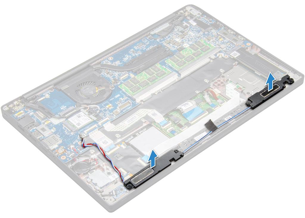 Installera högtalarmodulen 1 Placera högtalarmodulen i öppningarna på datorn. 2 Dra högtalarkablarna genom låsspännena på datorn. 3 Anslut högtalarkabeln till kontakten på moderkortet.