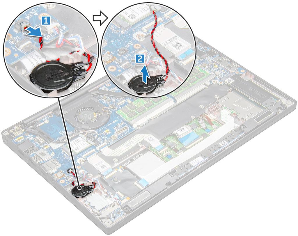 Installera knappcellsbatteriet 1 Fäst knappcellsbatteriet i facket inuti datorn. 2 Dra knappcellsbatteriets kabel genom kabelkanalen innan du ansluter kabeln.