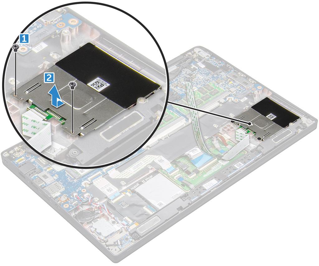 Installera smartkorthållaren 1 Skjut in smartkortshållaren i kortplatsen så att den passar med flikarna på datorn. 2 Dra åt M2,0 3,0-skruvarna för att fästa smartkortshållaren i datorn.