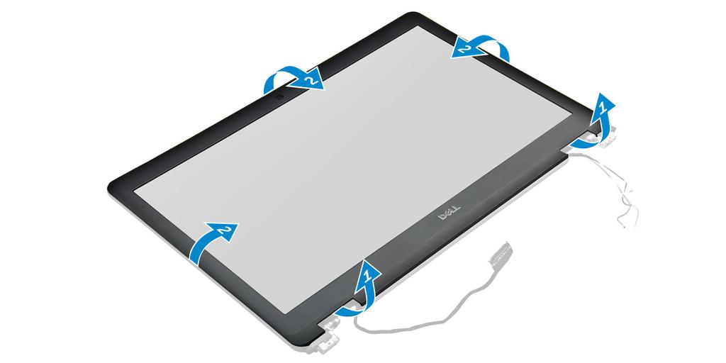a b c d e kåpan batteriet WLAN-kort WWAN-kortet bildskärmsenhet 3 Ta bort bildskärmsramen så här: a Använd en plastrits för att lossa den nedre kanten av bildskärmen [1].