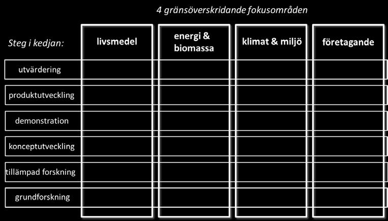 Utvärdering Produktutveckling Demonstration Konceptutveckling Tillämpad forskning Grundforskning Utvärdera lönsamhet för lanserade system och produkter för näringarna Utveckla nya system och