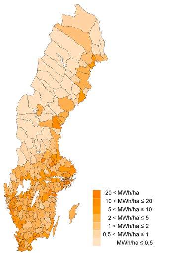 Figur 4. Elanvändning i förhållande till landareal (MWh/ha) 20