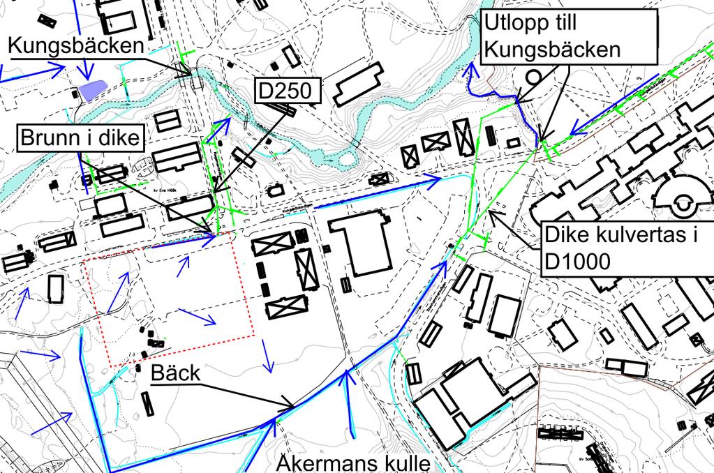 Figur 6. Befintliga flödesvägar och dagvattenledningar. Figur 7. Resultat från översvämningskartering utförd av Gästrike vatten. 2.
