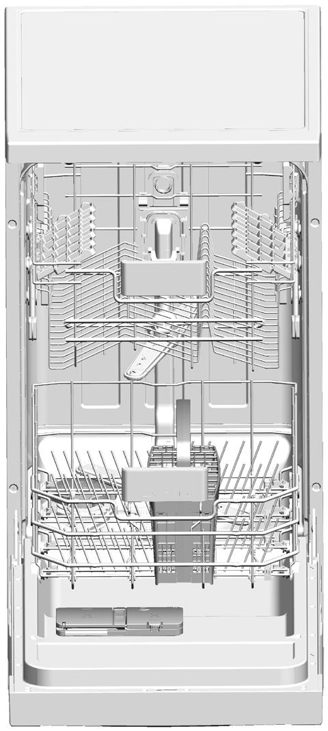 2 diskmaskin Översikt 14 1. Övre korg 2. Övre rotor 3. Nedre rotor 4. Bestickkorg 5. Lucka 6. Kontrollpanel 7. Diskmedelslucka 8. Nedre korg 9.