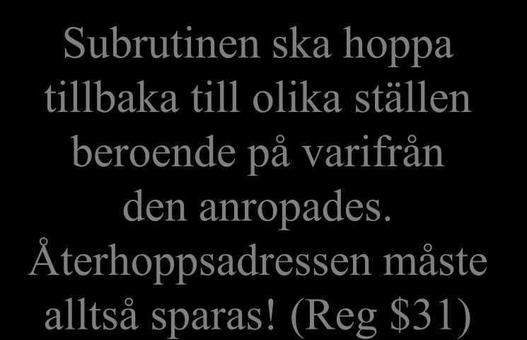 Subrutinanrop Huvudprogram Subrutin Subrutinen ska hoppa tillbaka till olika ställen beroende på varifrån den anropades. Återhoppsadressen måste alltså sparas!