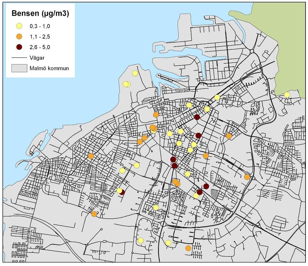 Figur 3: Geografisk fördelning av bensenhalter utifrån lokaliseringen av deltagarnas bostäder i Malmö Figur 4: Medelvärden för urban bakgrundsmätning av bensen i