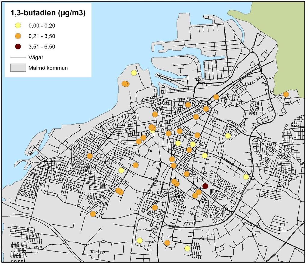 Figur 6: Geografisk fördelning av 1,3-butadienhalter utifrån lokaliseringen av deltagarnas bostäder i Malmö Figur 7: Medelvärden för urban bakgrundsmätning av 1,3-butadien i Malmö 2014 (veckovis)