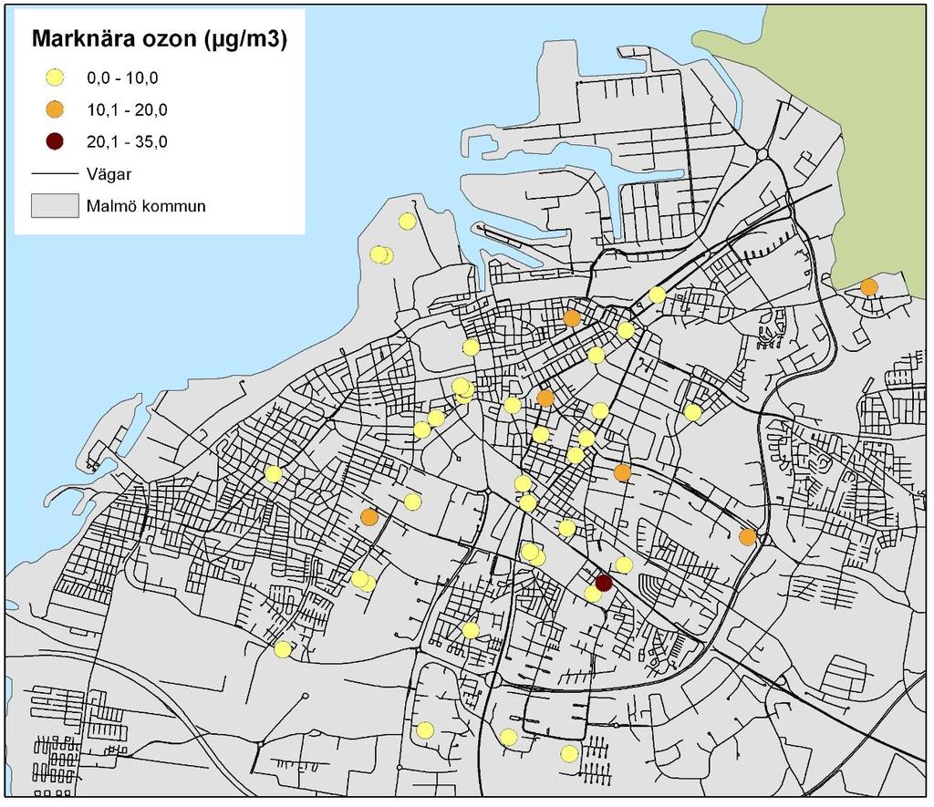 Figur 15: Medelvärden för urban bakgrundsmätning av ozon i Malmö 2014 (veckovis) Figur 16: