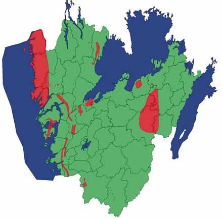 Figur 13: Områden inom Västra Götalands län som är klassade som högriskområden ur markradonsynpunkt är markerade med röd färg. Underlag från SGU och SSI.