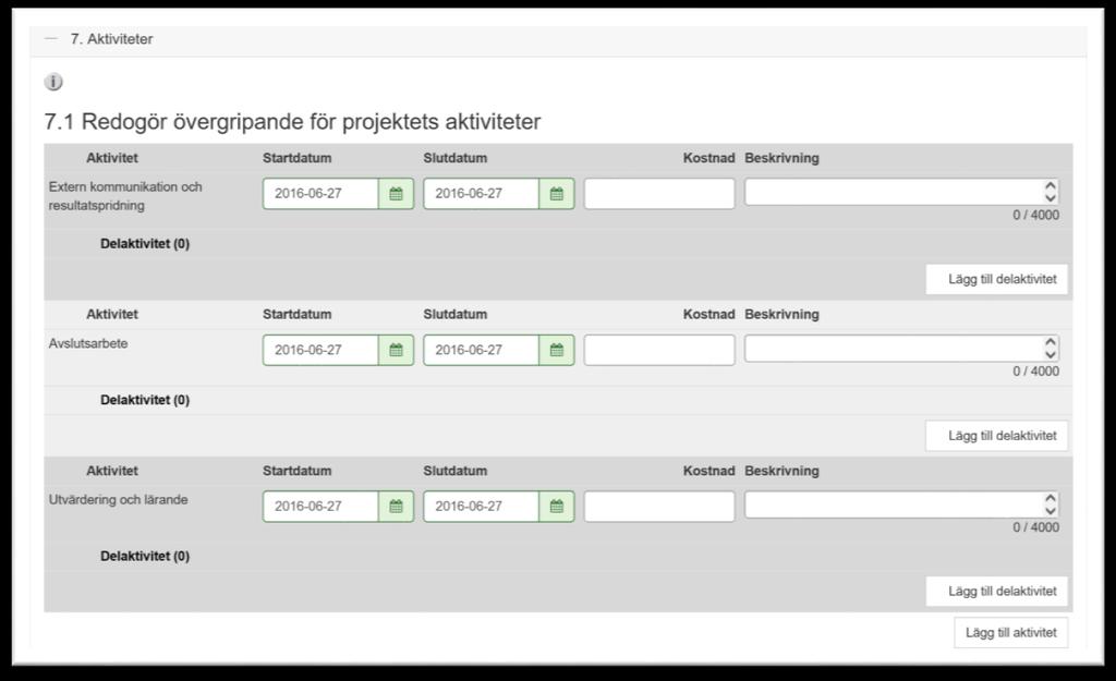 Fliken Aktiviteter Under denna flik redovisas de aktiviteter som är planerade i projektet och de kostnader som är kopplade till dessa aktiviteter.