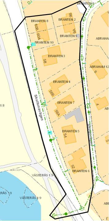 Figur 2: Nya dagvattenledningar, berörda fastigheter samt rännstensbrunnar på Jakobsberg.