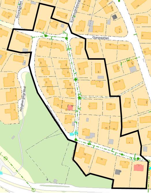 Figur 3: Nya dagvattenledningar, berörda fastigheter samt rännstensbrunnar på Högbergsgatan mm.