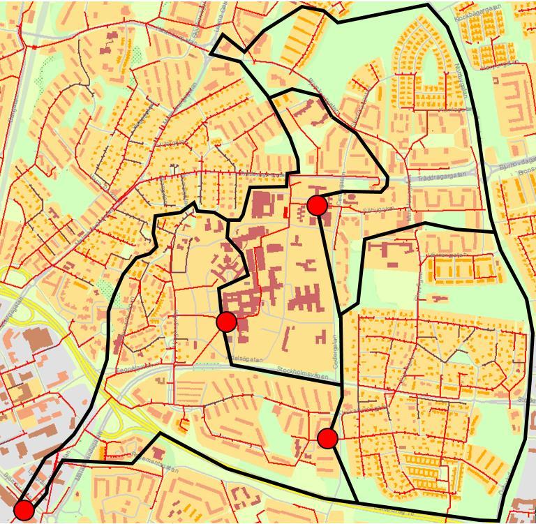 4 2 1 3 Figur 6: Delområde Malmaberg indelat i mindre områden samt flödesmätarnas placering. Flödesmätningen visade att det kommer mest tillskottsvatten från område 4.