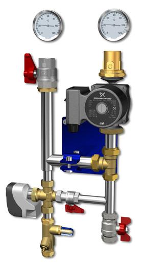 LK Shunt 2/3-2,5 Shuntgrupp avsedd för system med huvudpump. Dess kapacitet kan schablonmässigt sättas vid ett värmebehov på 50W/m 2 till max 300 m 2 golvvärmeyta.