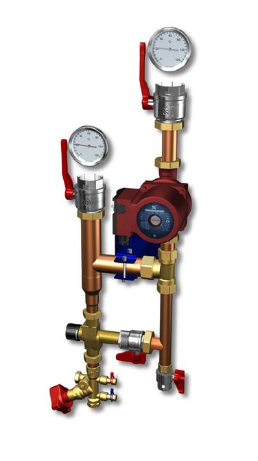 LK Shunt 2/3-4,0 Shuntgrupp avsedd för system med huvudpump. Dess kapacitet kan schablonmässigt sättas vid ett värmebehov på 50W/m 2 till max 700 m 2 golvvärmeyta.