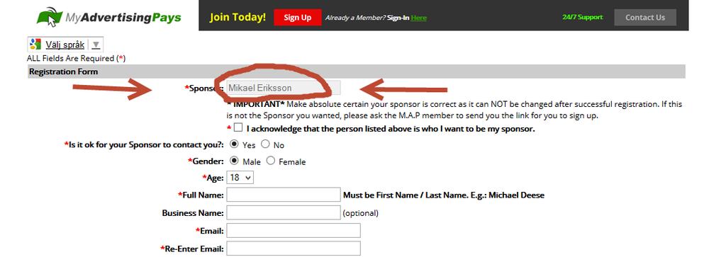 Ha koll på så att rätt namn (Mikael Eriksson) kommer upp som din sponsor. Se bilden nedan.