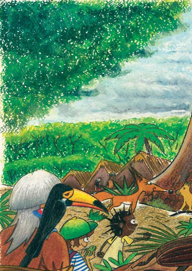 Vännerna vandrar genom skogen. De följer ljuden från byn.