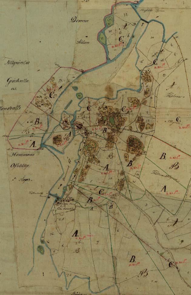 Fig 4. Till vänster skifteskarta över Blidingsholms inäga år 1825.