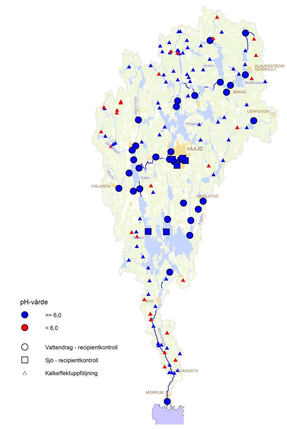 MÖRRUMSÅN 2016 Resultat och diskussion Karta 2. Försurningstillståndet i Mörrumsåns avrinningsområde (bedömt utifrån årslägsta ph-värde under år 2016).