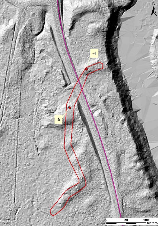 kabeln markerad med lila linje. Fig 7. Hillshade.  kabeln markerad med lila linje.