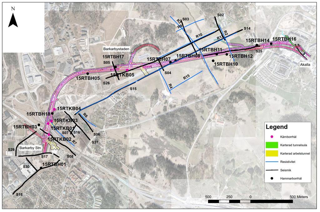 32Rapport FUT 15110220 TABELL 4 SAMMANSTÄLLNING AV UTFÖRDA UNDERSÖKNINGAR Undersökning Delområde 01 02 03 04 05 Omfattning Företag Ytkartering under mark x Arbetstunnel och tunnelsula i Akalla Tyréns