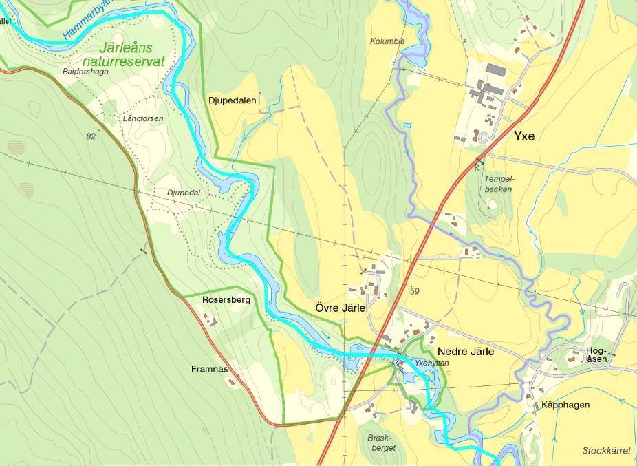8 (31) Järleåns bredd varierar mellan 5-70 meter, med en medelbredd på ca 15 meter. Längre nedströms förändras landskapet och en slättbygd breder ut sig. Figur 2. Detaljkarta Järle Kvarn.