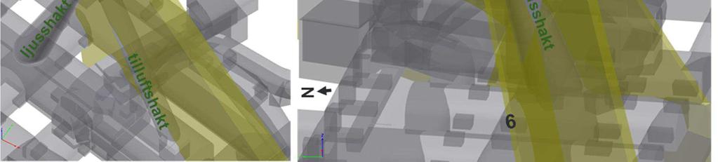 Även ljusschaktet korsas av en 1 m bred B-zon med RMR Bas = 65. En 2 m bred B-zon av sämre kvalitet korsar tilluftschaktet och nedre halvan av ljusschaktet, se Geometri 1 i Figur 5b.